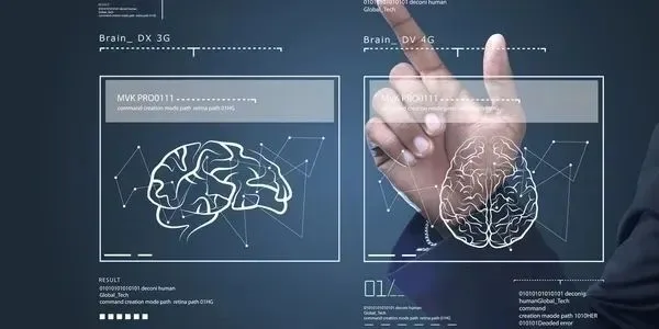 Hand interacting with a digital brain interface on a futuristic screen.