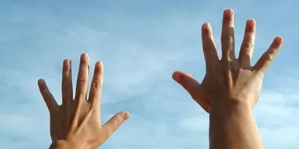 Two hands reaching up against a clear blue sky.