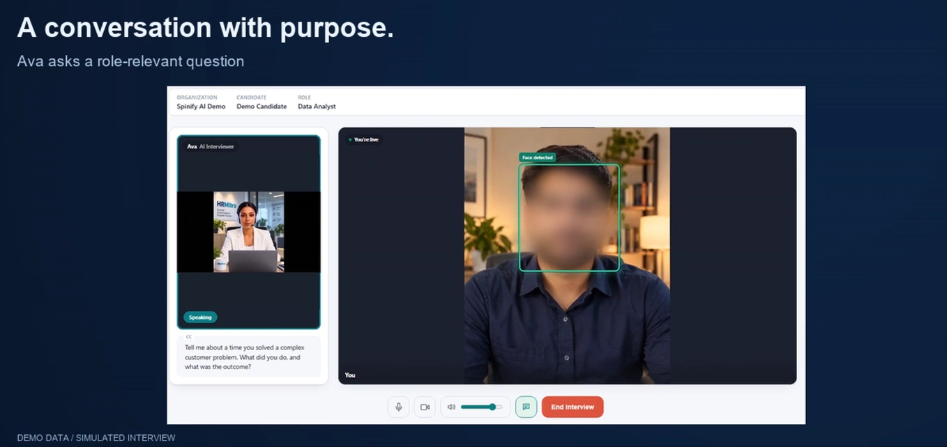HRMitra AI interview: Ava asks a candidate a role-relevant question, with live captions and face detection