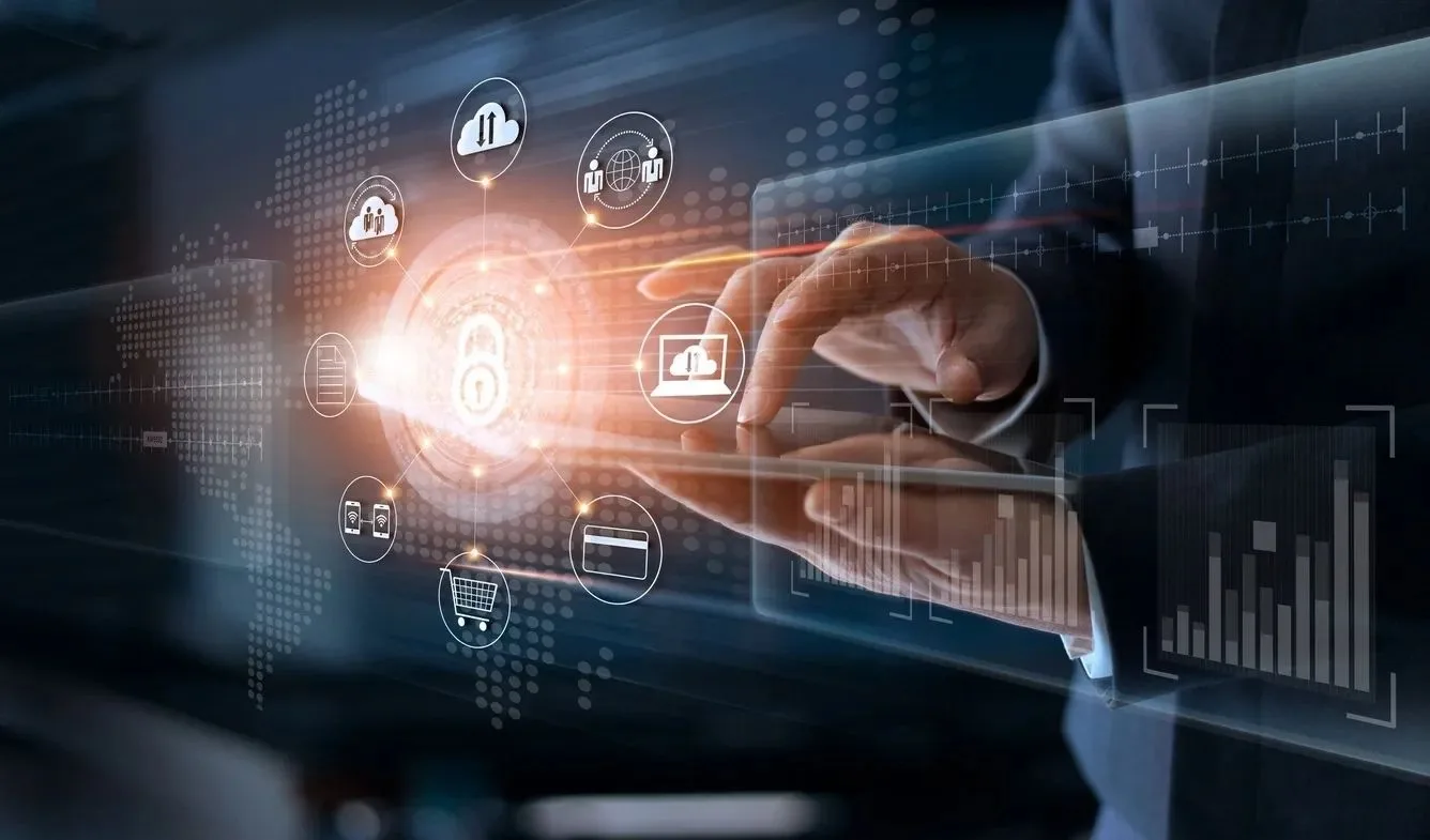 Hand interacting with connected cloud, security and commerce icons.